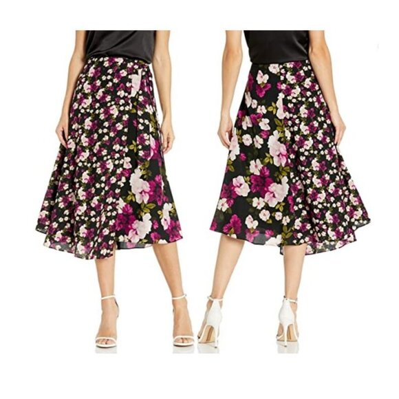 Calvin Klein Dresses & Skirts - ⭐Calvin Klein Women's Skirt Size 10 Midi Faux Wrap Floral Black Purple A-Line Ne